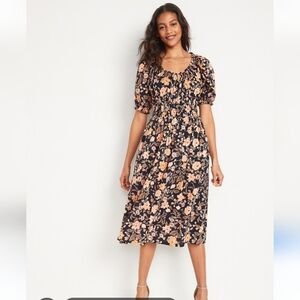 Old Navy Midi Dress Smocked Pintucks Puffy Sleeves Pesant Floral Cottagecore XL